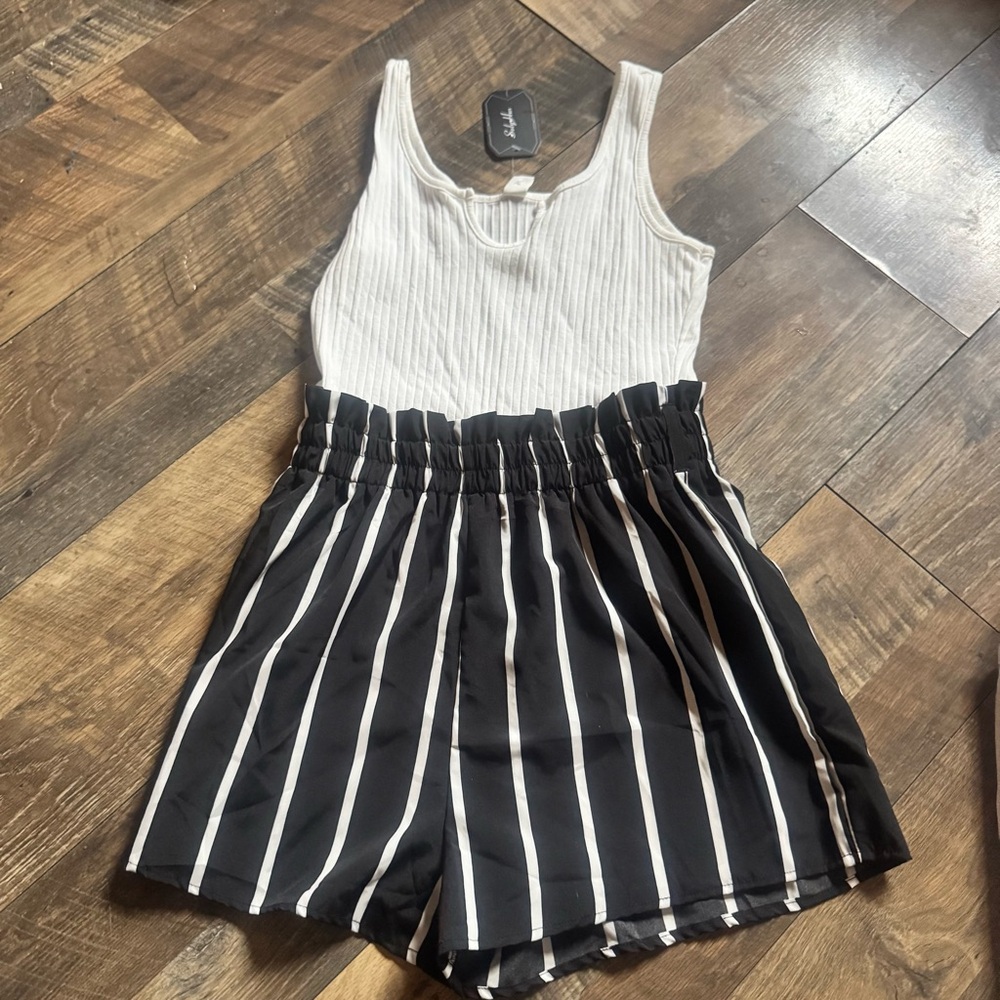 White Ribbed Tank Top with Black Striped Romper